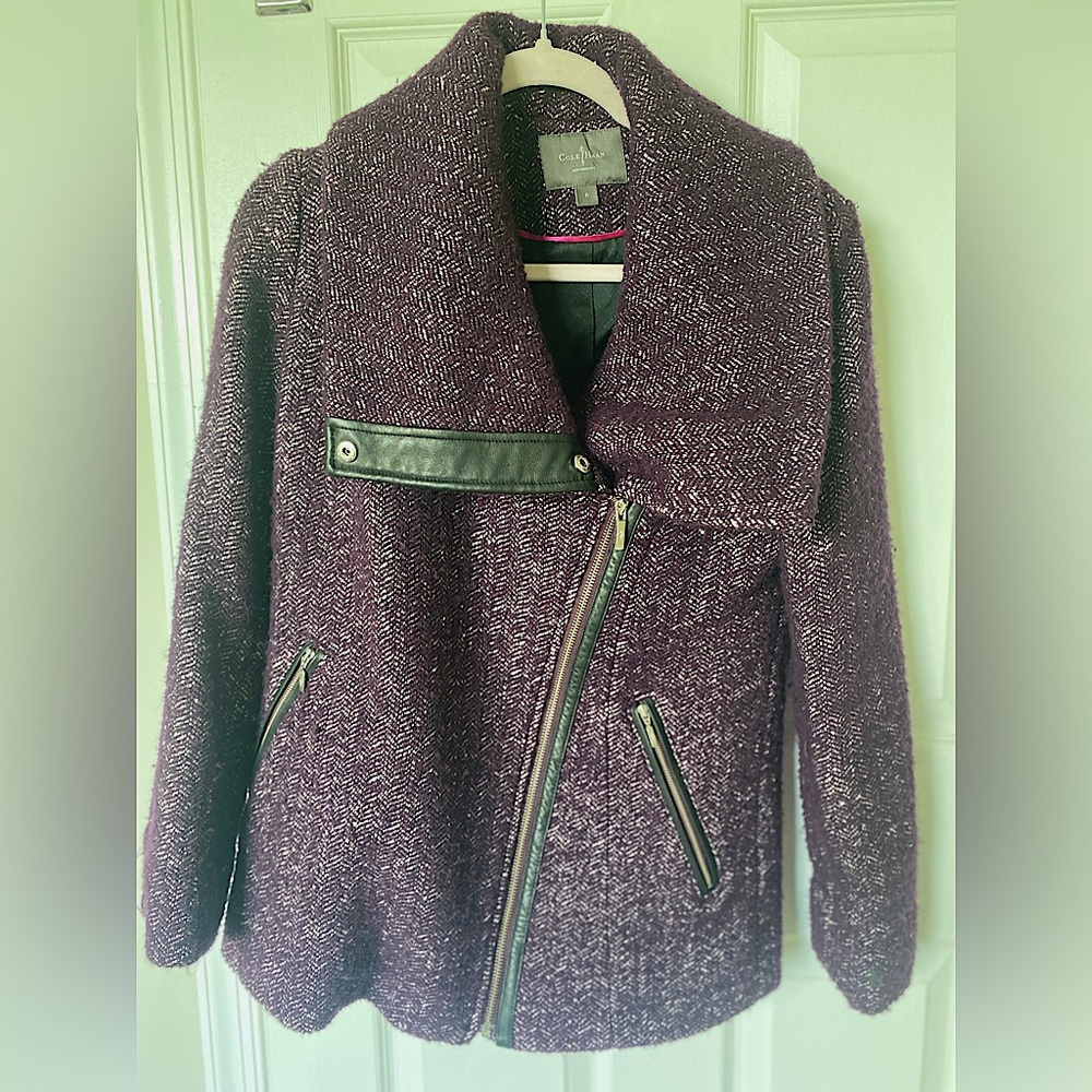 Cole Haan Wool blend peacoat with leather detailing